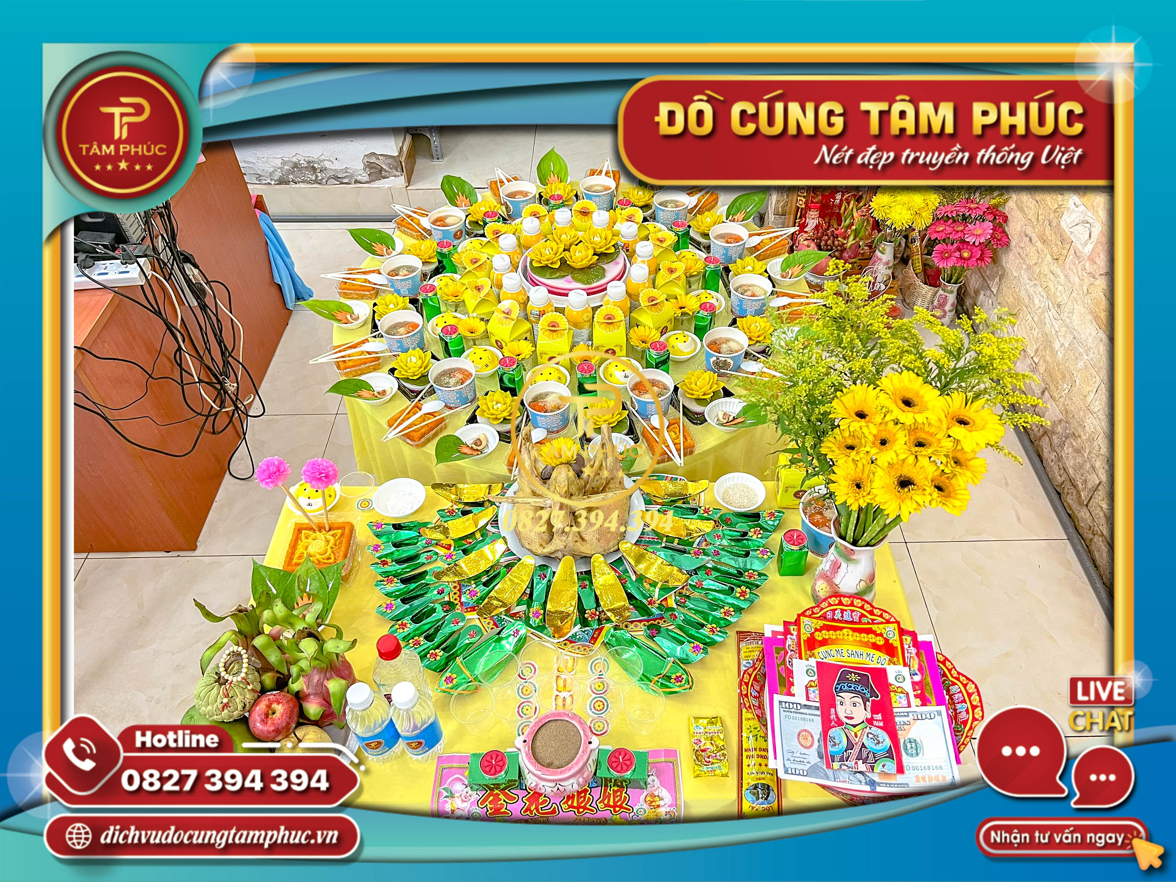 Mâm cúng mụ cho bé theo tone màu vàng.